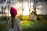 girl, childhood, garden, backyard, evening, child, people, little, young, outdoor, striped, nature, cap, kid, play, playing, watching, looking, play house
